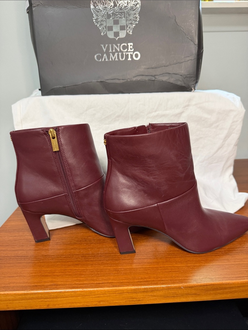Vince Camuto Wine Burgundy Leather Pointed-Toe Ankle Boots